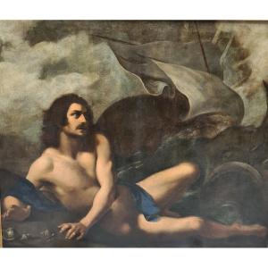 Jonah And The Whale Oil On Canvas  Attributed To Felice Ficherelli Known As "the Rest" 17th Cen