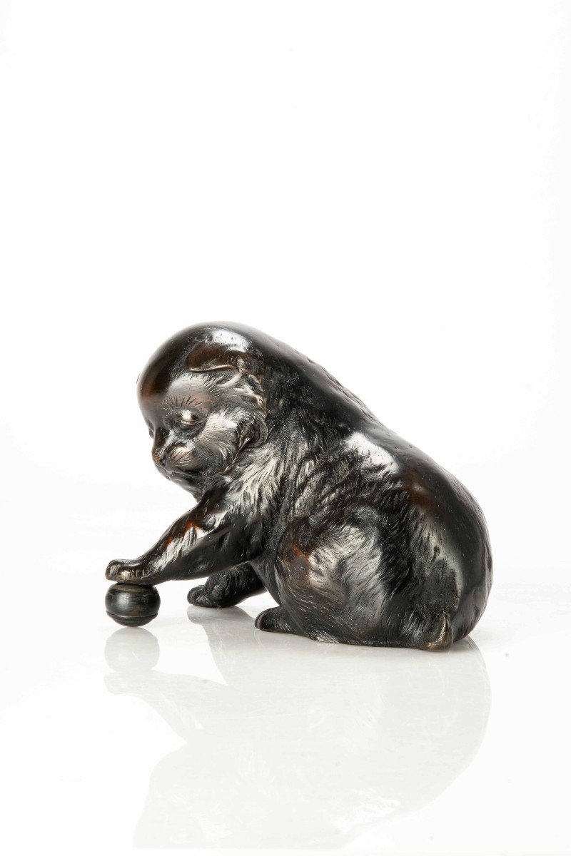 A Bronze Okimono Depicting A Study Of A Puppy Playing With A Ball-photo-2