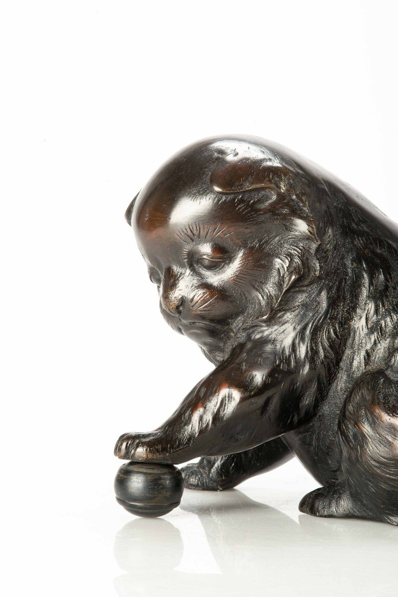 A Bronze Okimono Depicting A Study Of A Puppy Playing With A Ball-photo-3