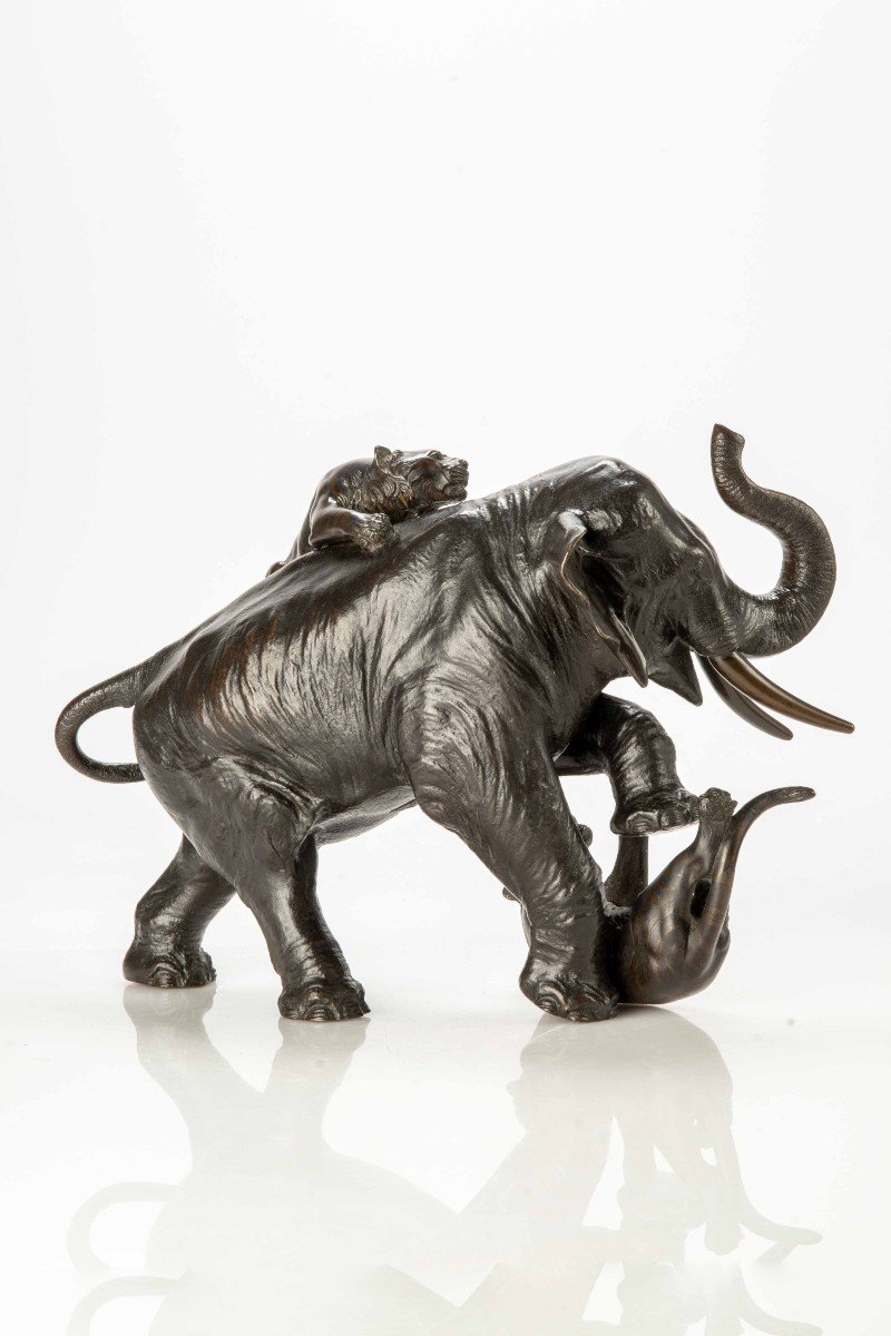 A Japanese Bronze Okimono Depicting An Elephant With Two Tigers-photo-4