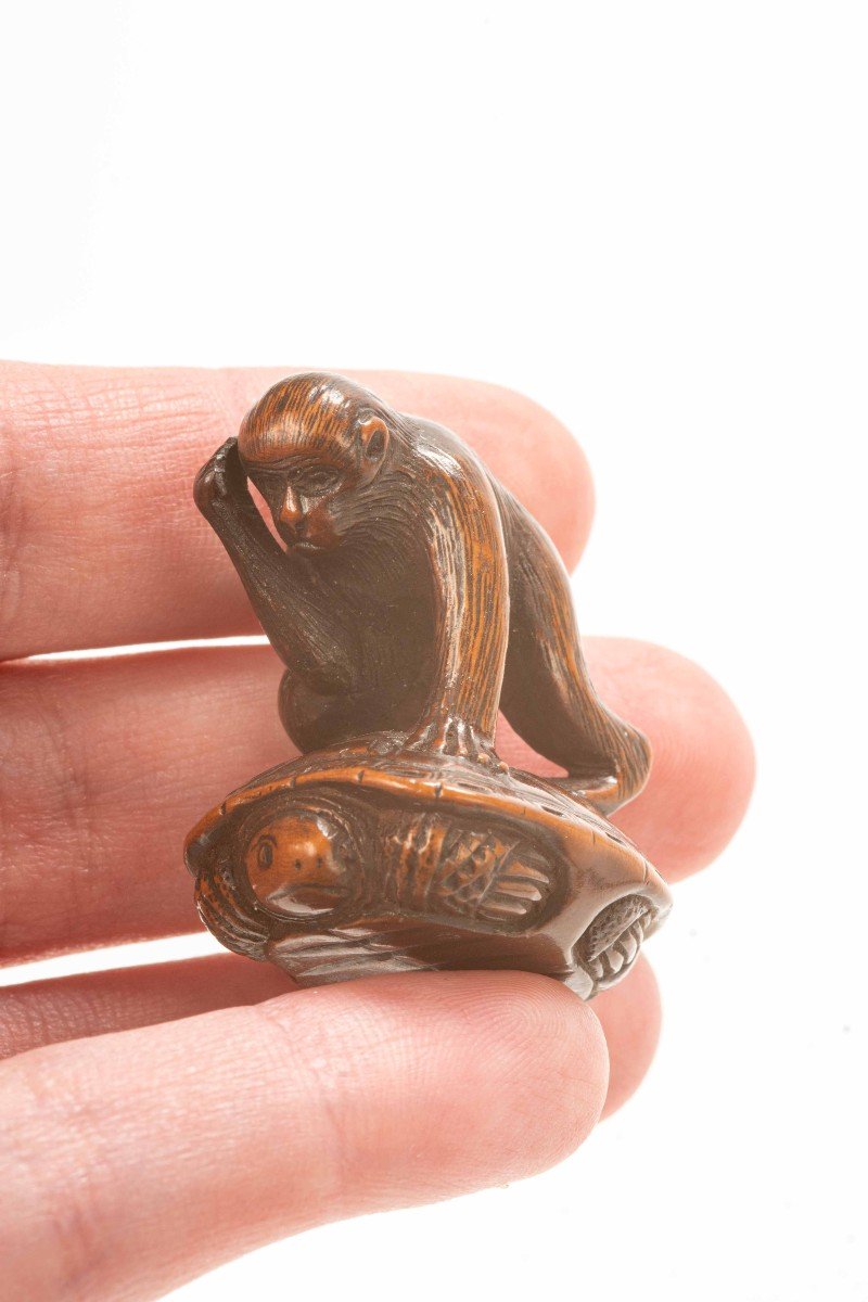 A Boxwood Netsuke Depicting A Monkey Trying To Catch A Turtle-photo-1