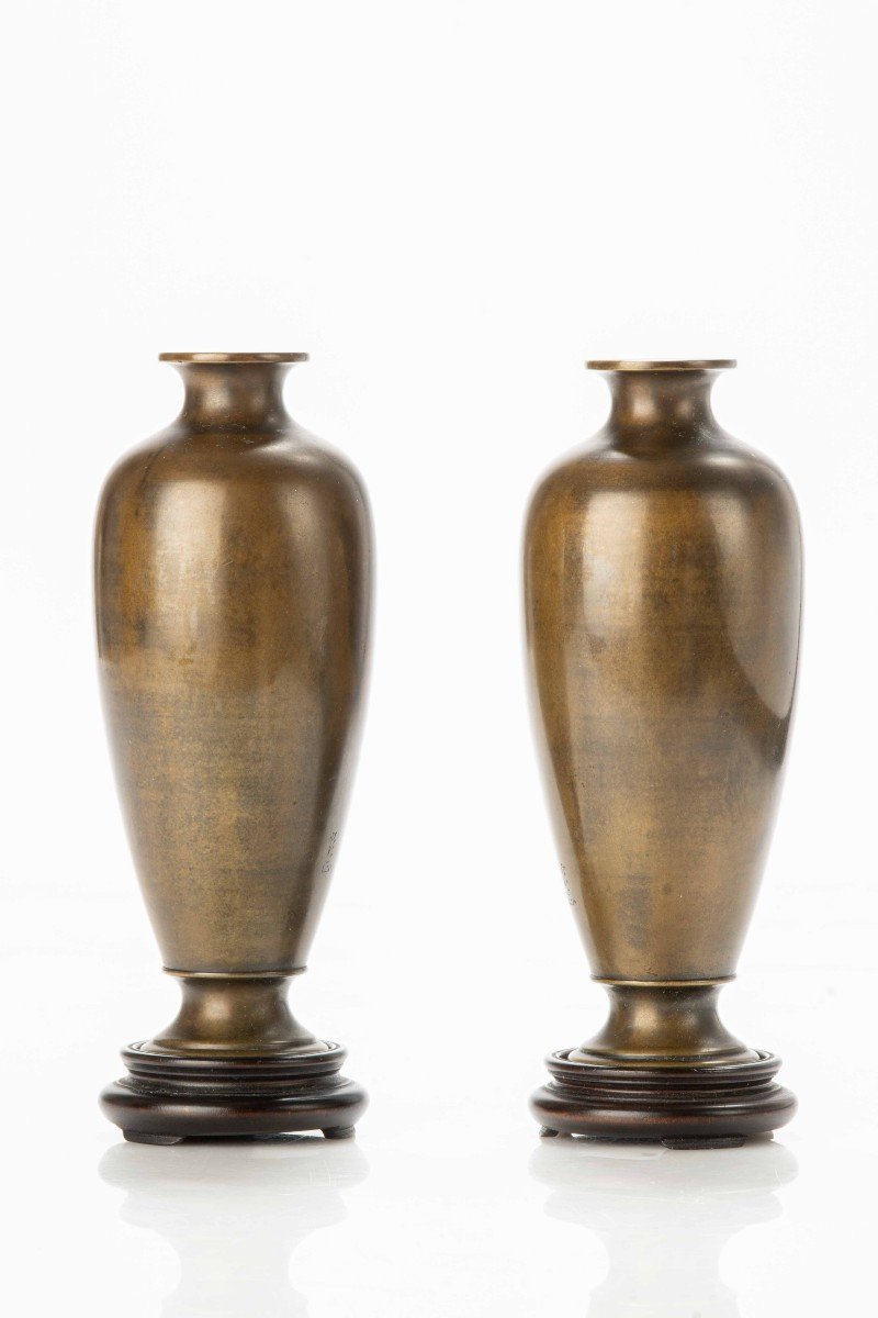 A Pair Of Bronze Vases With Onagadori Roosters-photo-3