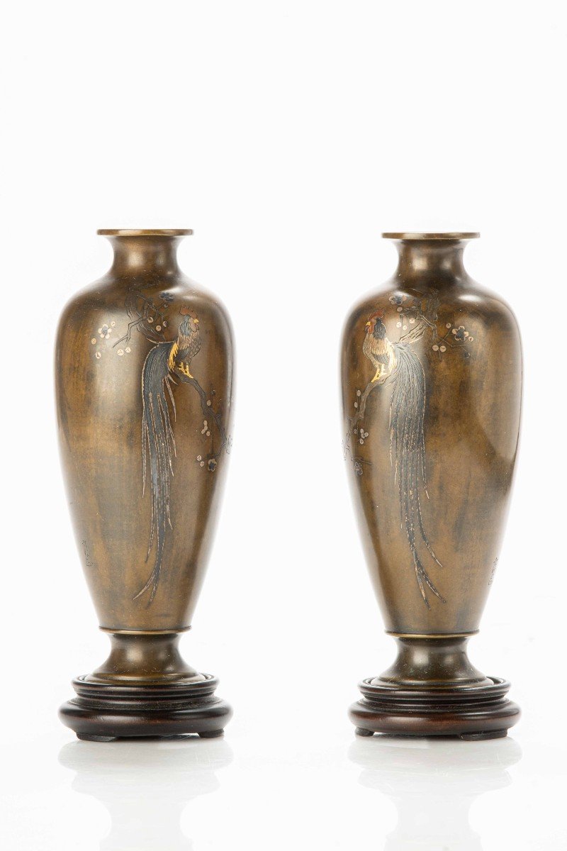 Paire De Vases En Bronze à Décor De Deux Coqs Onagadori-photo-4