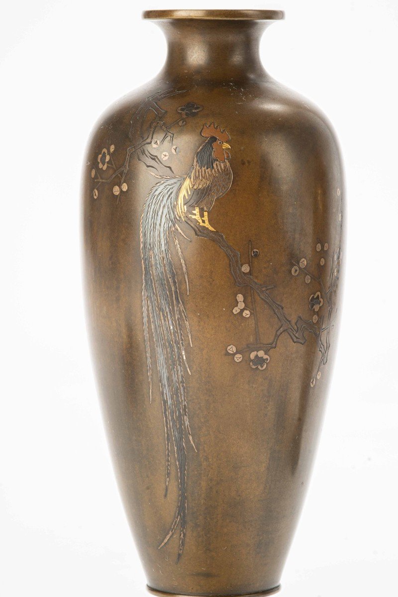 Paire De Vases En Bronze à Décor De Deux Coqs Onagadori-photo-5