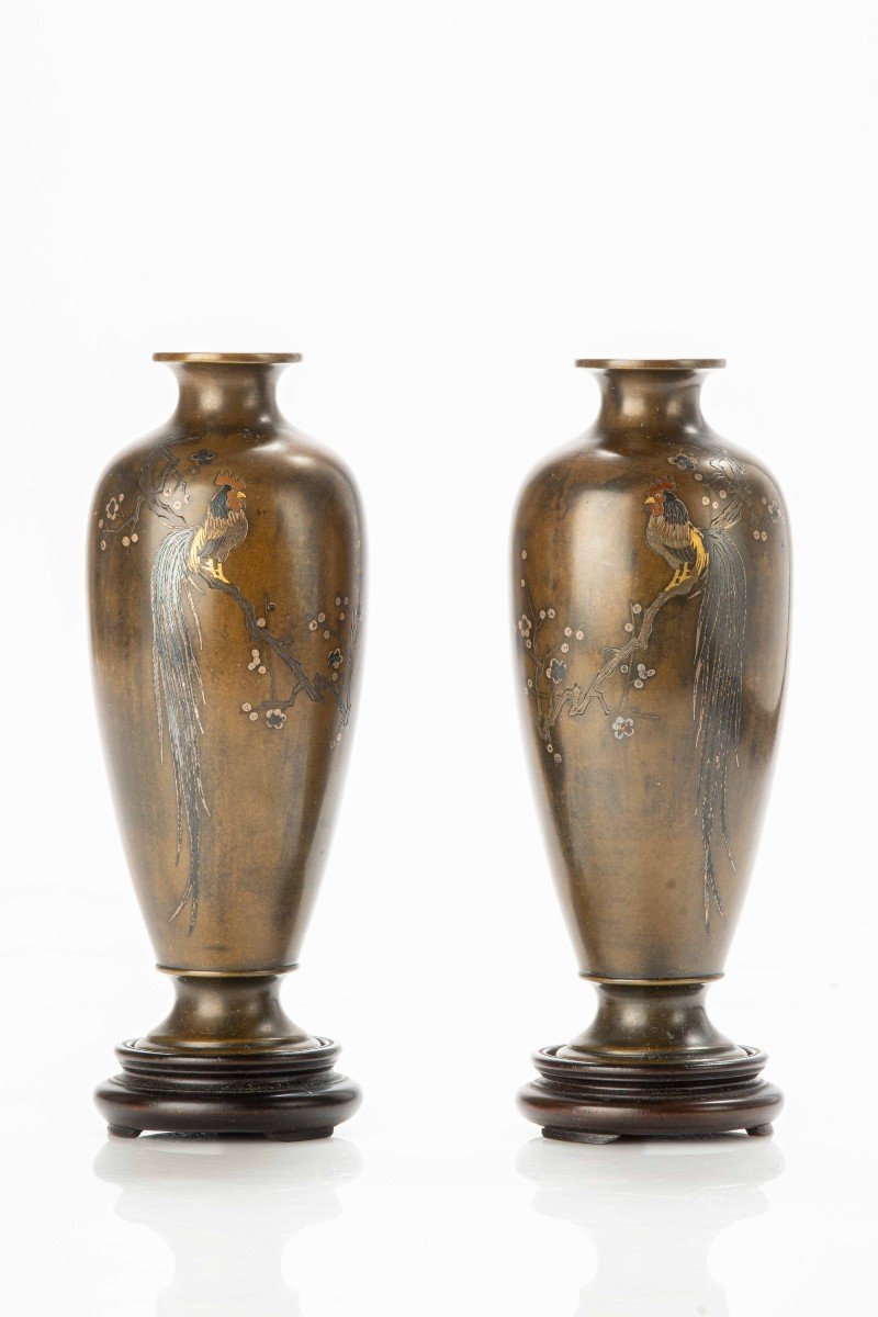 Paire De Vases En Bronze à Décor De Deux Coqs Onagadori