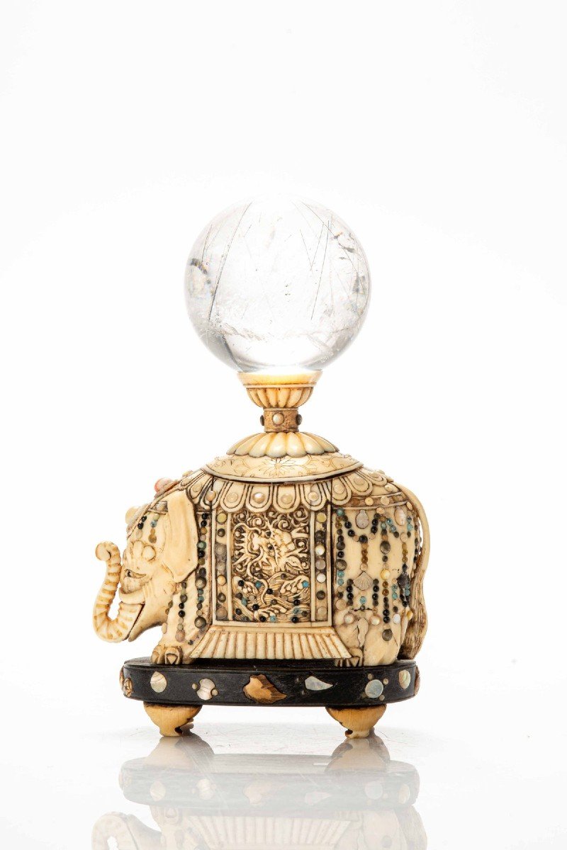 An Ivory And Shibayama Okimono Depicting A Ceremonial Elephant