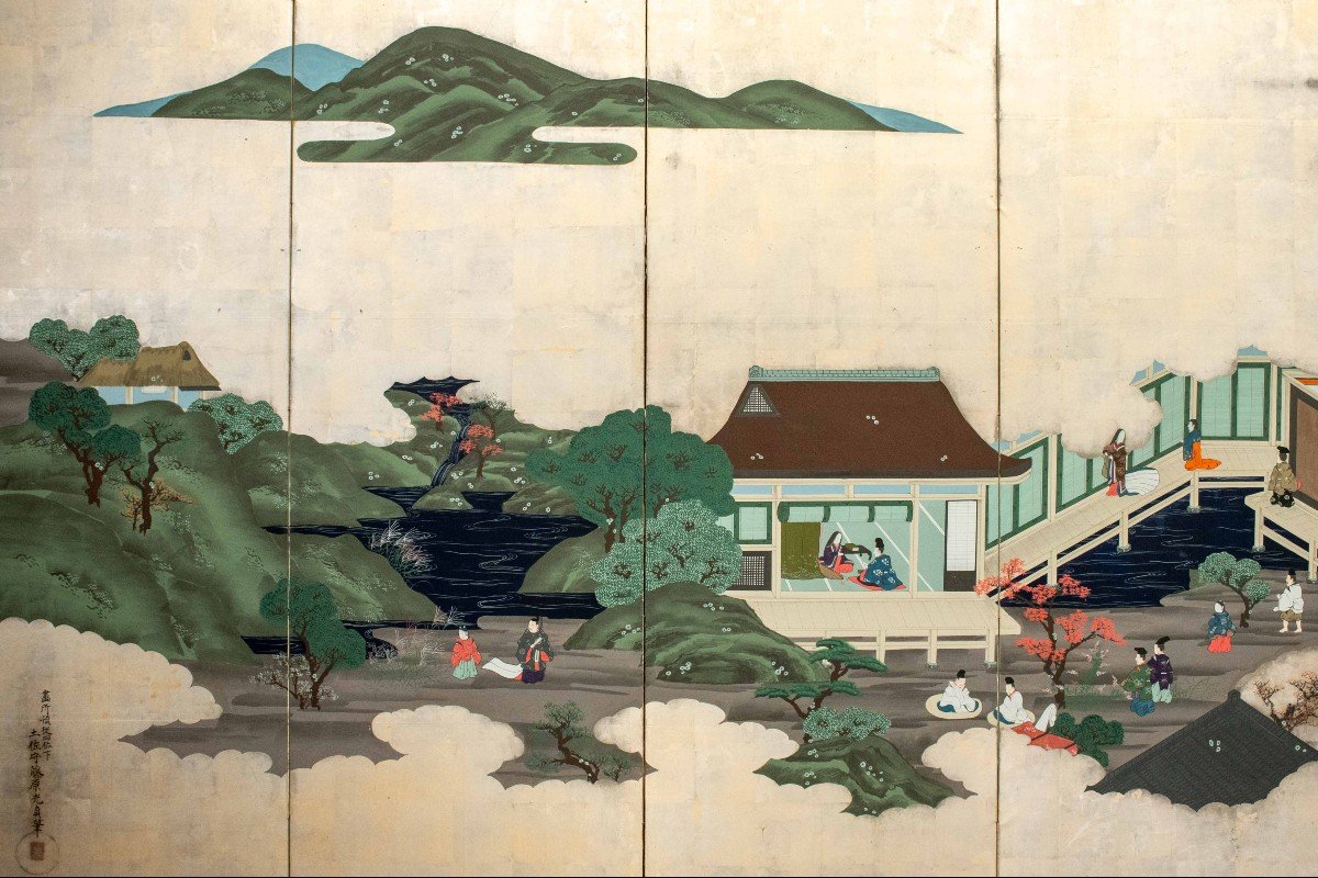 A Japanese Six-panel Screen Depicting A Scene From The Tales Of Genji-photo-4