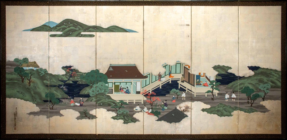 A Japanese Six-panel Screen Depicting A Scene From The Tales Of Genji