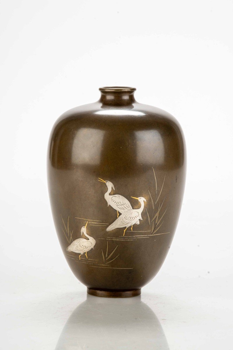 A Japanese Bronze Vase With Three Egrets