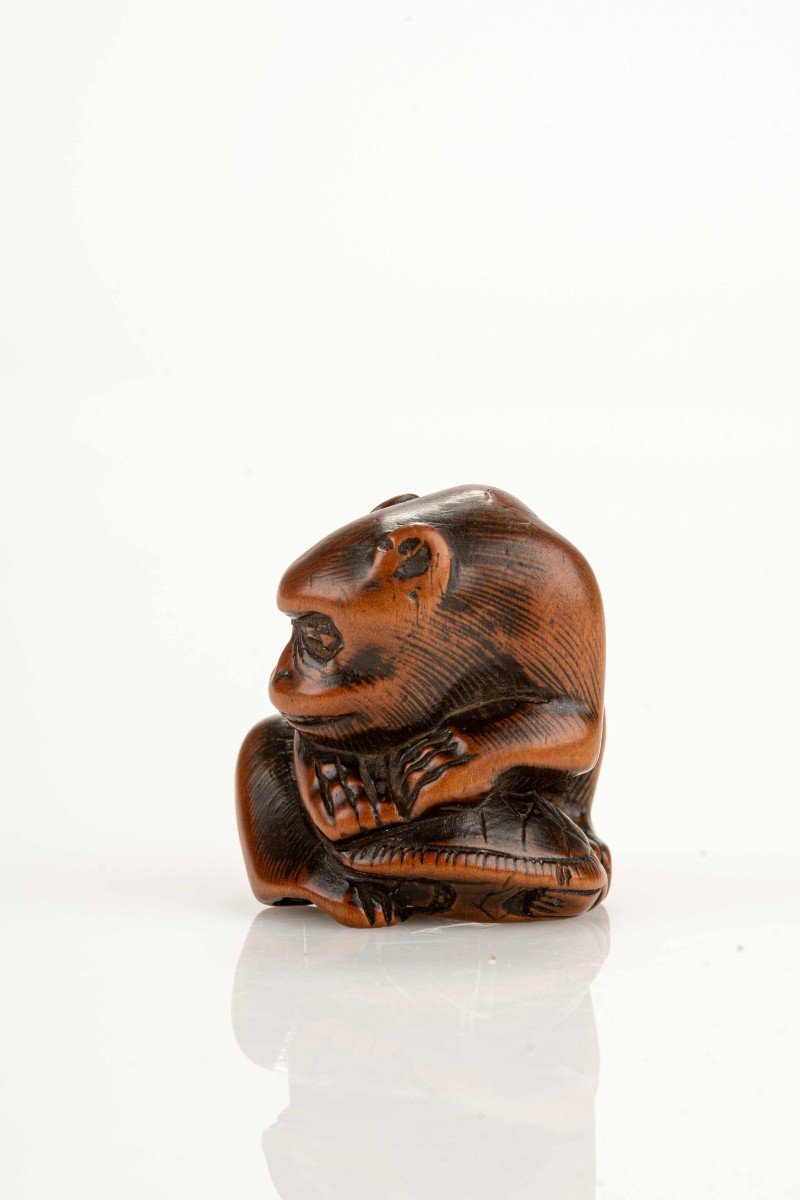 A Japanese Netsuke Depicting A Monkey With A Turtle-photo-2