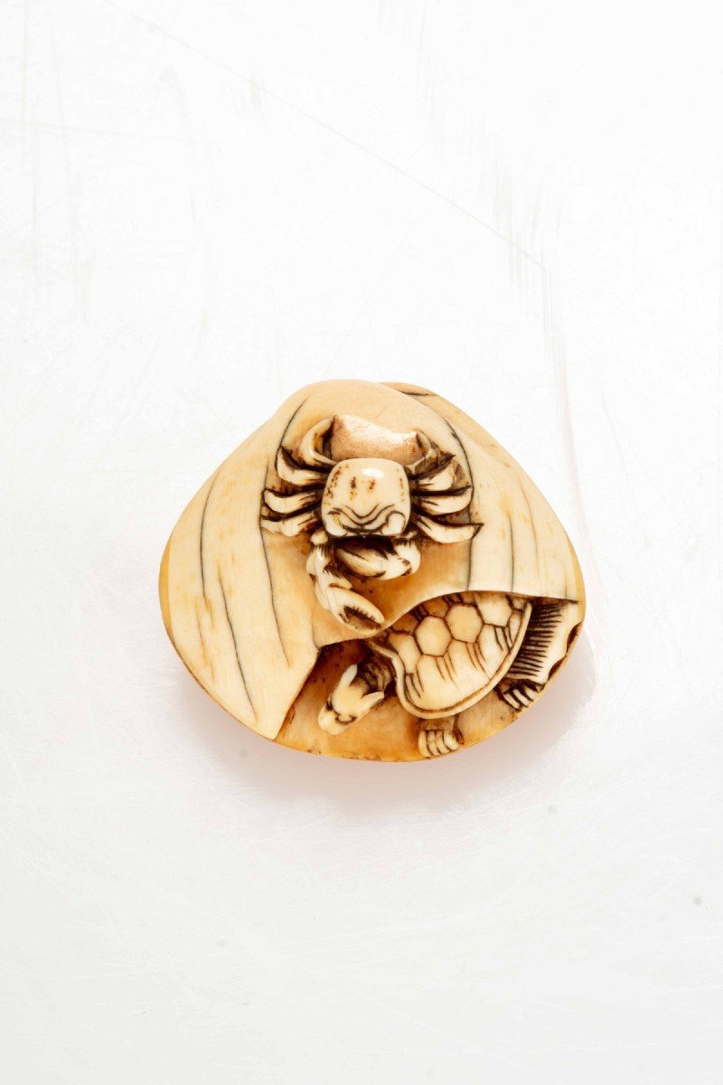 An Ivory Netsuke Depicting A Shell With A Crab And A Turtle-photo-2