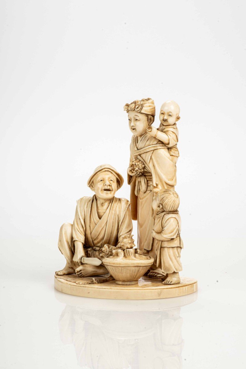 An Ivory Okimono Depicting A Seafood Vendor With His Family-photo-2