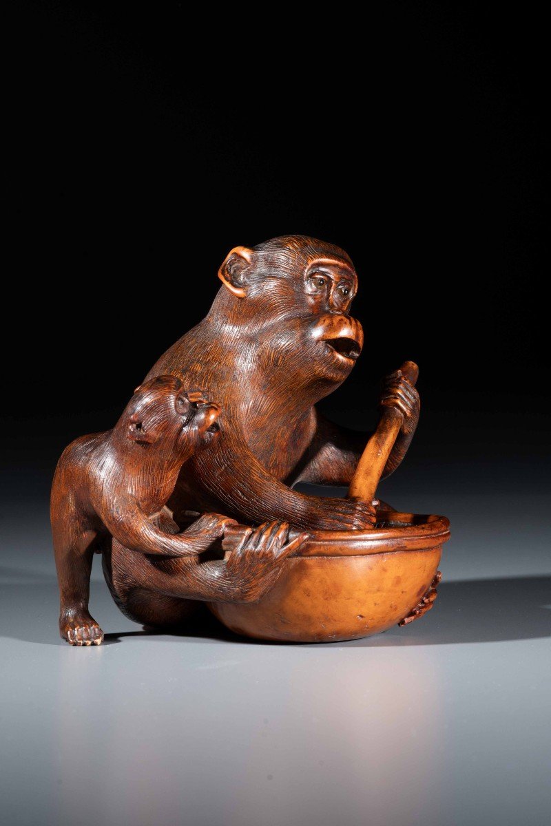 A Boxwood Okimono Depicting Two Monkeys, Signed Jigaku-photo-1