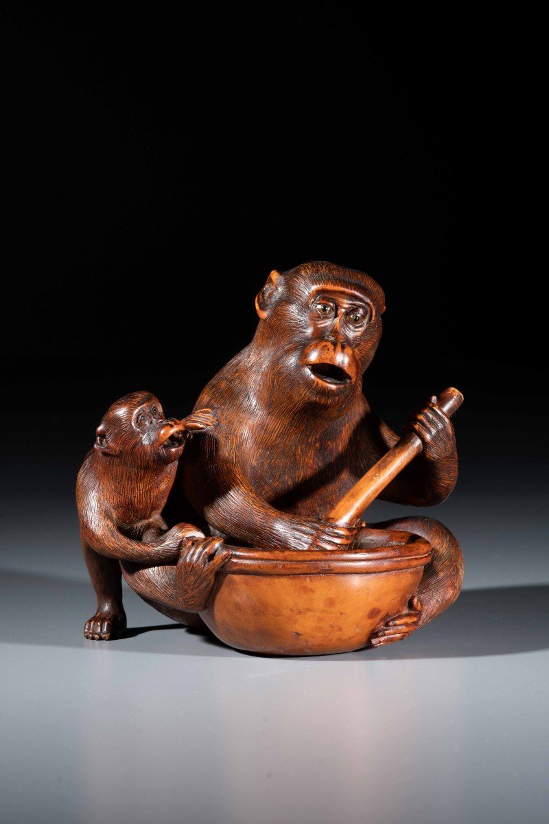 A Boxwood Okimono Depicting Two Monkeys, Signed Jigaku-photo-2