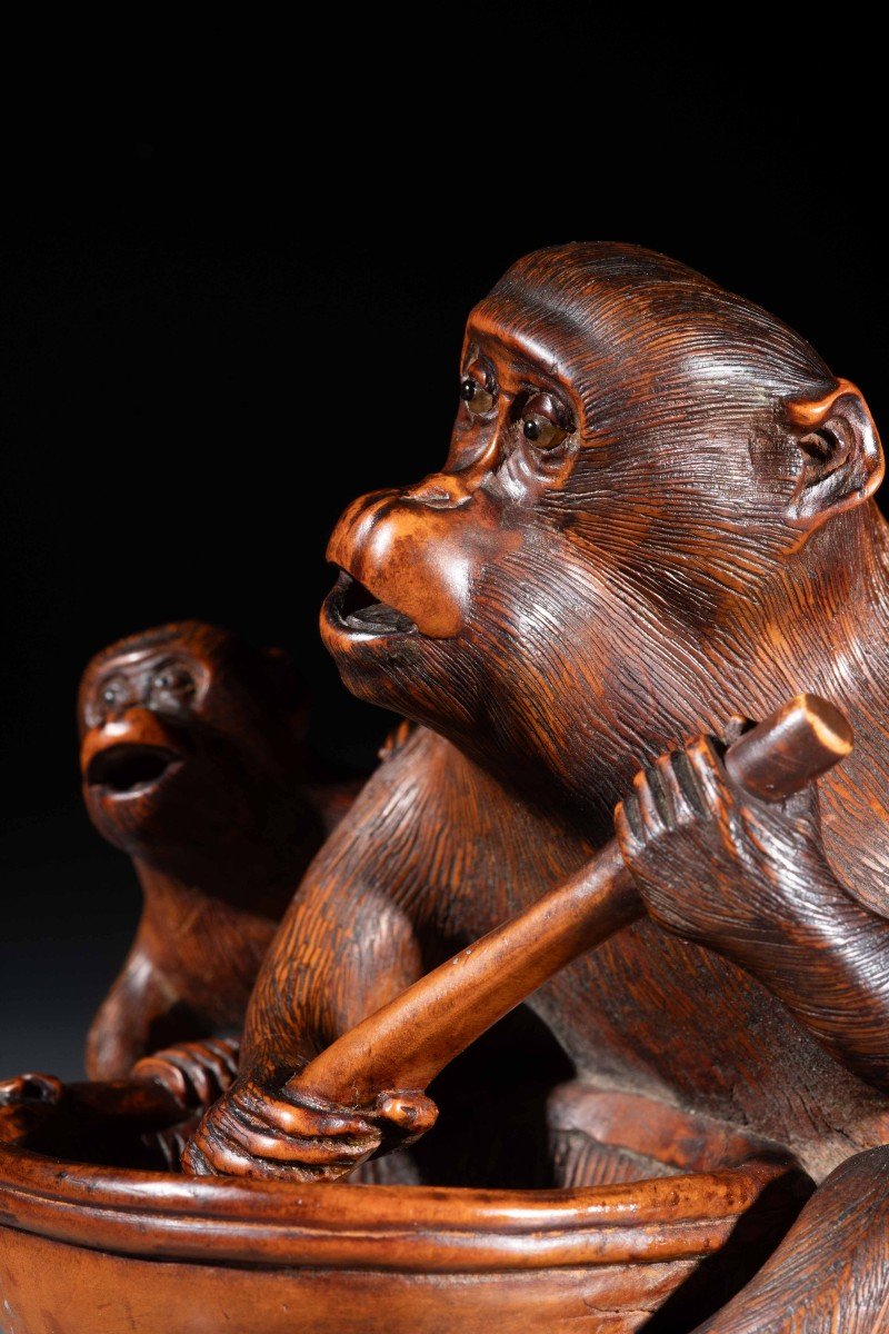 A Boxwood Okimono Depicting Two Monkeys, Signed Jigaku-photo-4