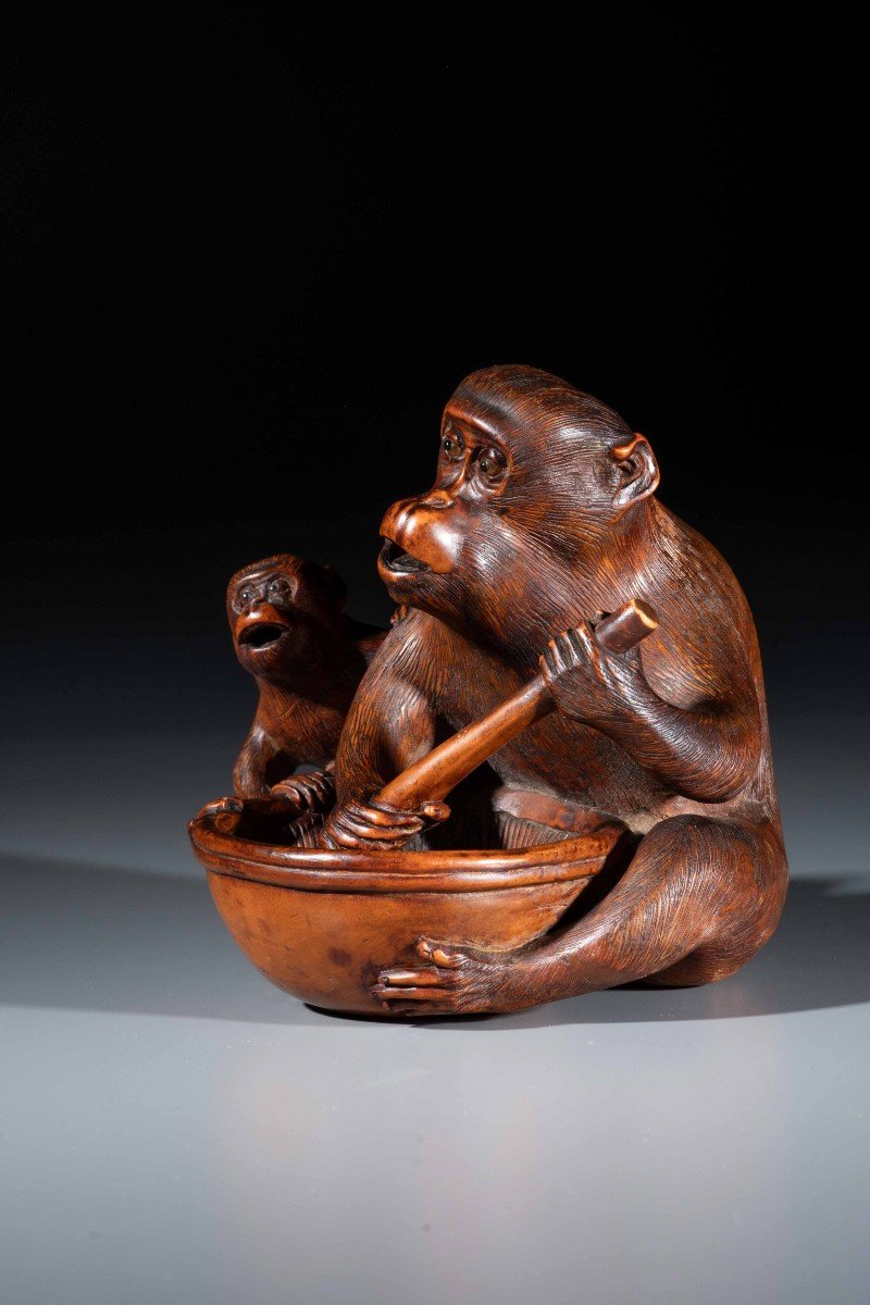 A Boxwood Okimono Depicting Two Monkeys, Signed Jigaku