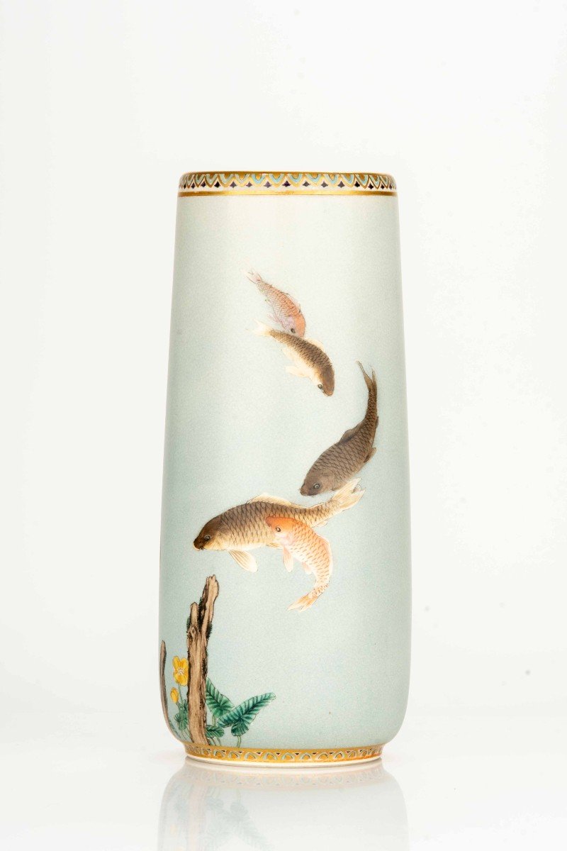 A Satsuma Vase Depicting A Group Of Carp Swimming In A Stream