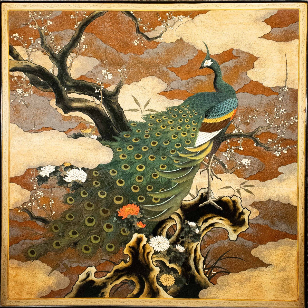 Lacquered Wooden Screen Decorated With A Peacock And A Refined Japanese Landscape-photo-2