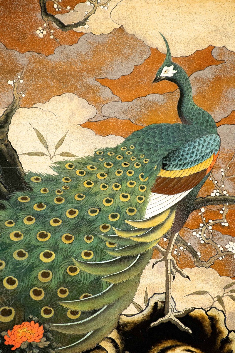 Lacquered Wooden Screen Decorated With A Peacock And A Refined Japanese Landscape-photo-3