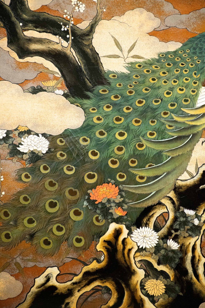 Lacquered Wooden Screen Decorated With A Peacock And A Refined Japanese Landscape-photo-4