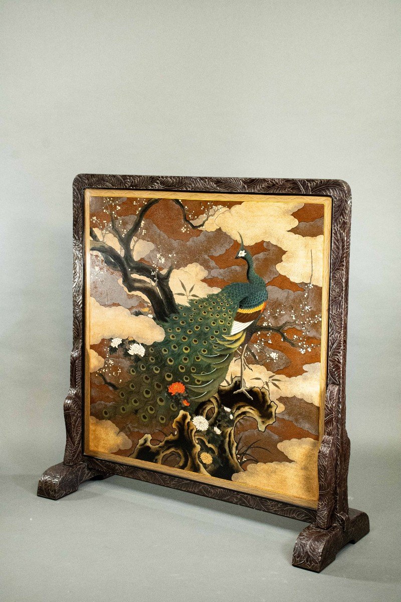 Lacquered Wooden Screen Decorated With A Peacock And A Refined Japanese Landscape-photo-3