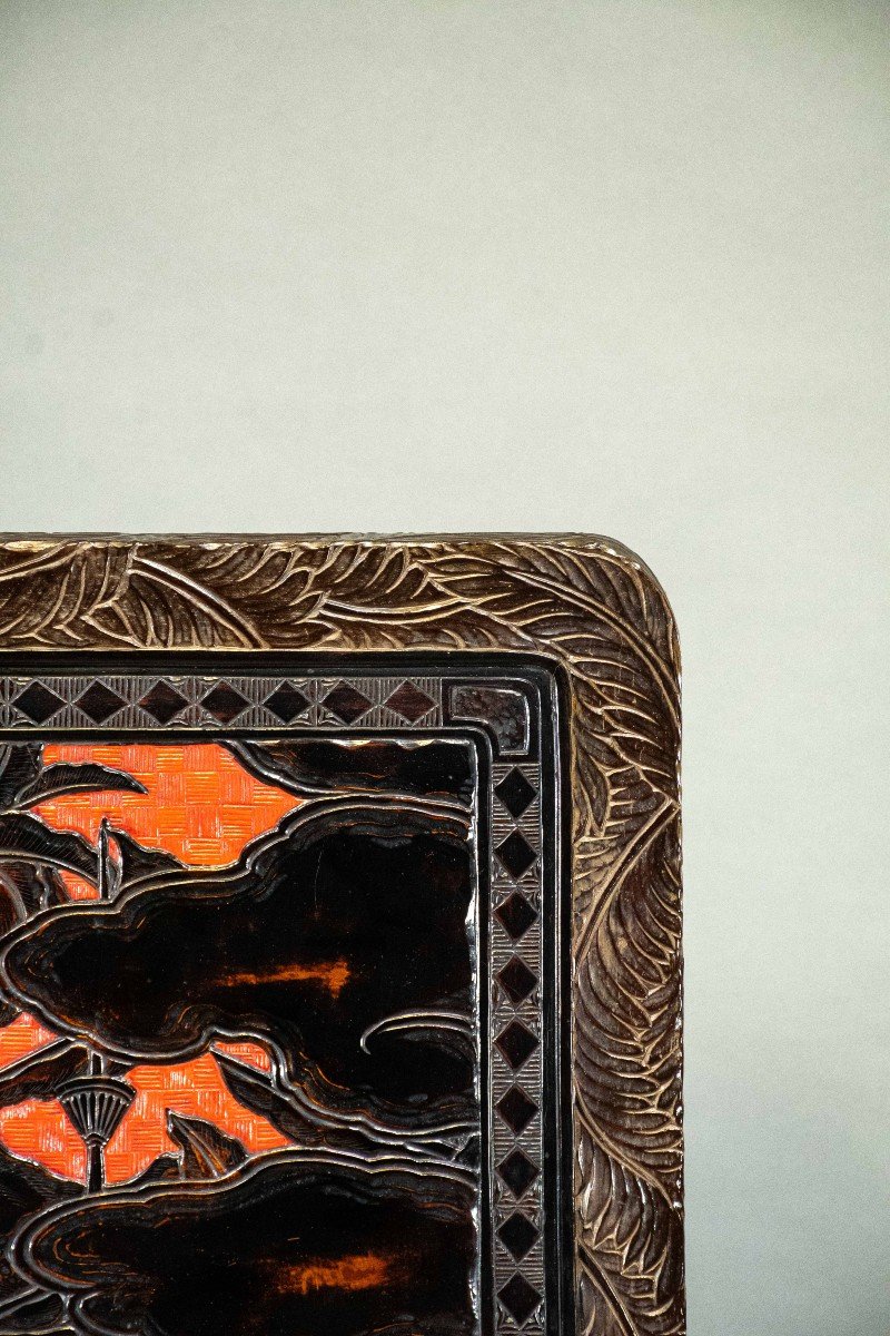 Lacquered Wooden Screen Decorated With A Peacock And A Refined Japanese Landscape-photo-6