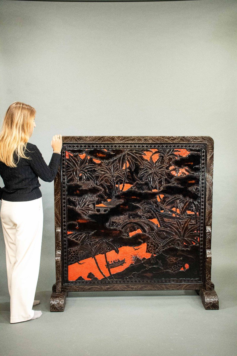 Lacquered Wooden Screen Decorated With A Peacock And A Refined Japanese Landscape-photo-8