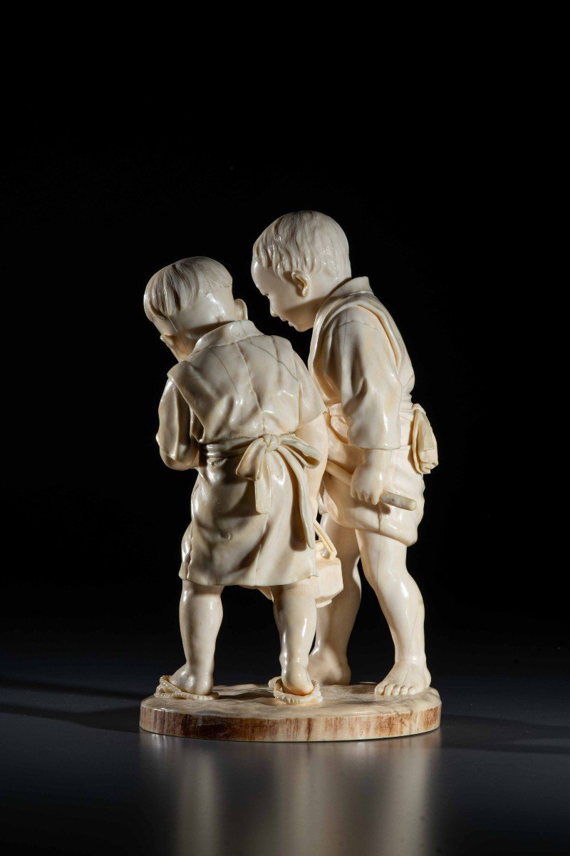 A Tokyo School Ivory Okimono Depicting Two Children-photo-4