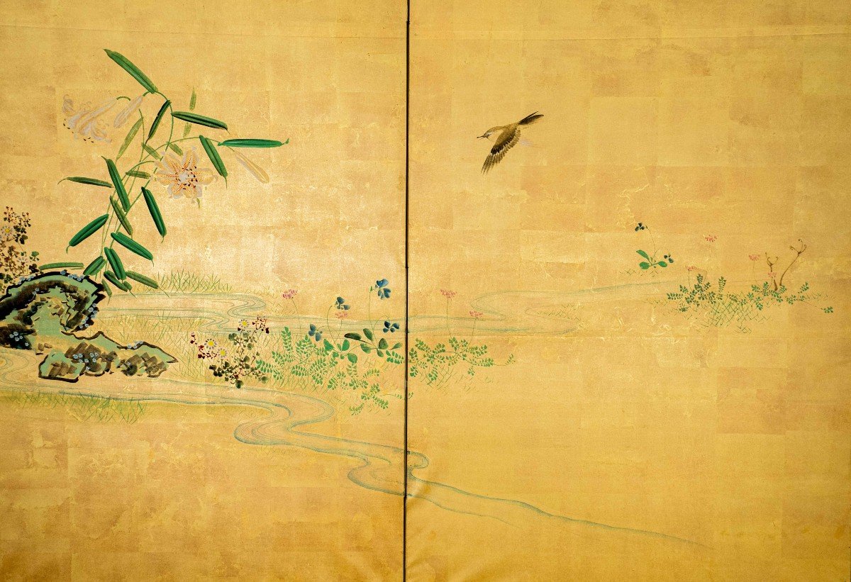 A Japanese Folding Screen Decorated With A Naturalistic Scene-photo-2