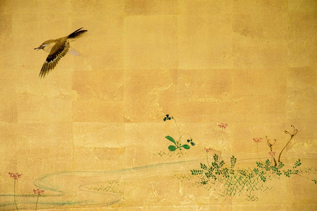 A Japanese Folding Screen Decorated With A Naturalistic Scene-photo-3