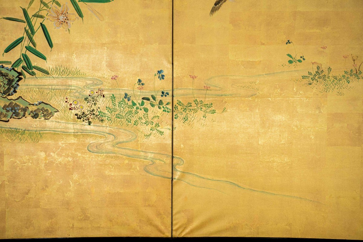 A Japanese Folding Screen Decorated With A Naturalistic Scene-photo-1