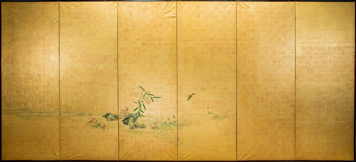 A Japanese Folding Screen Decorated With A Naturalistic Scene