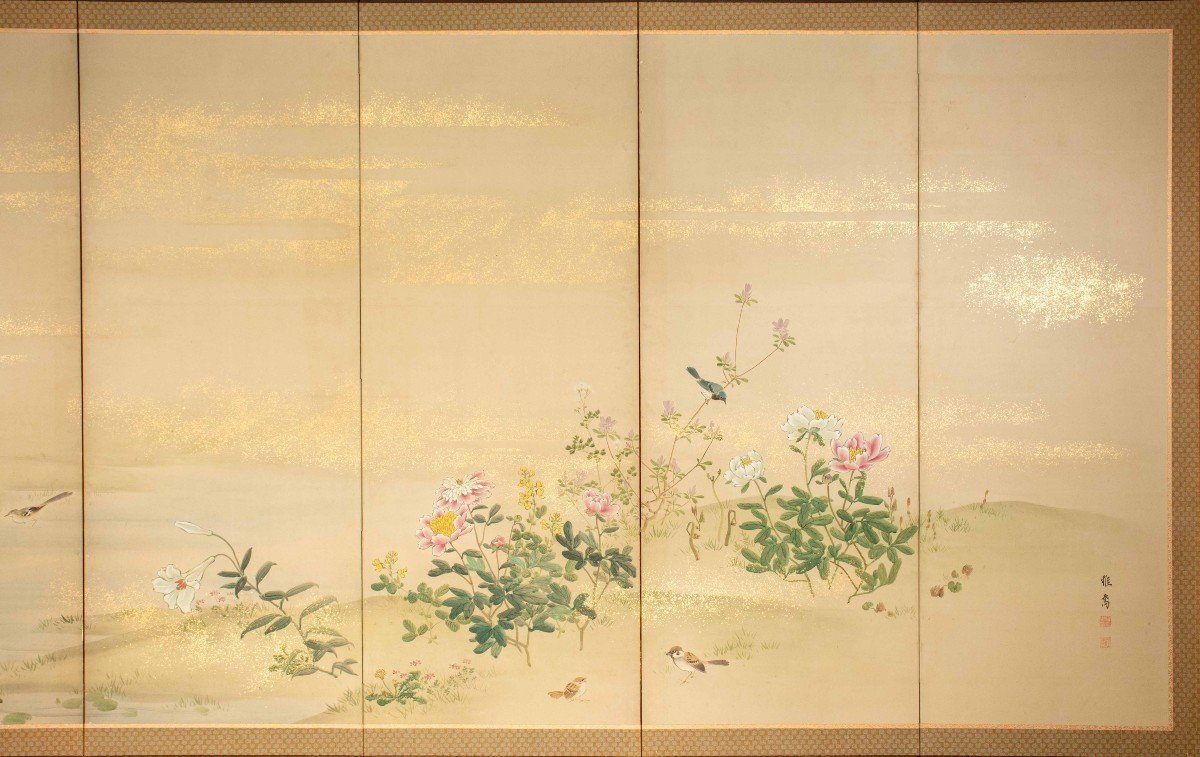 A Six-panel Folding Screen Depicting A Floral And Naturalistic Scene-photo-2