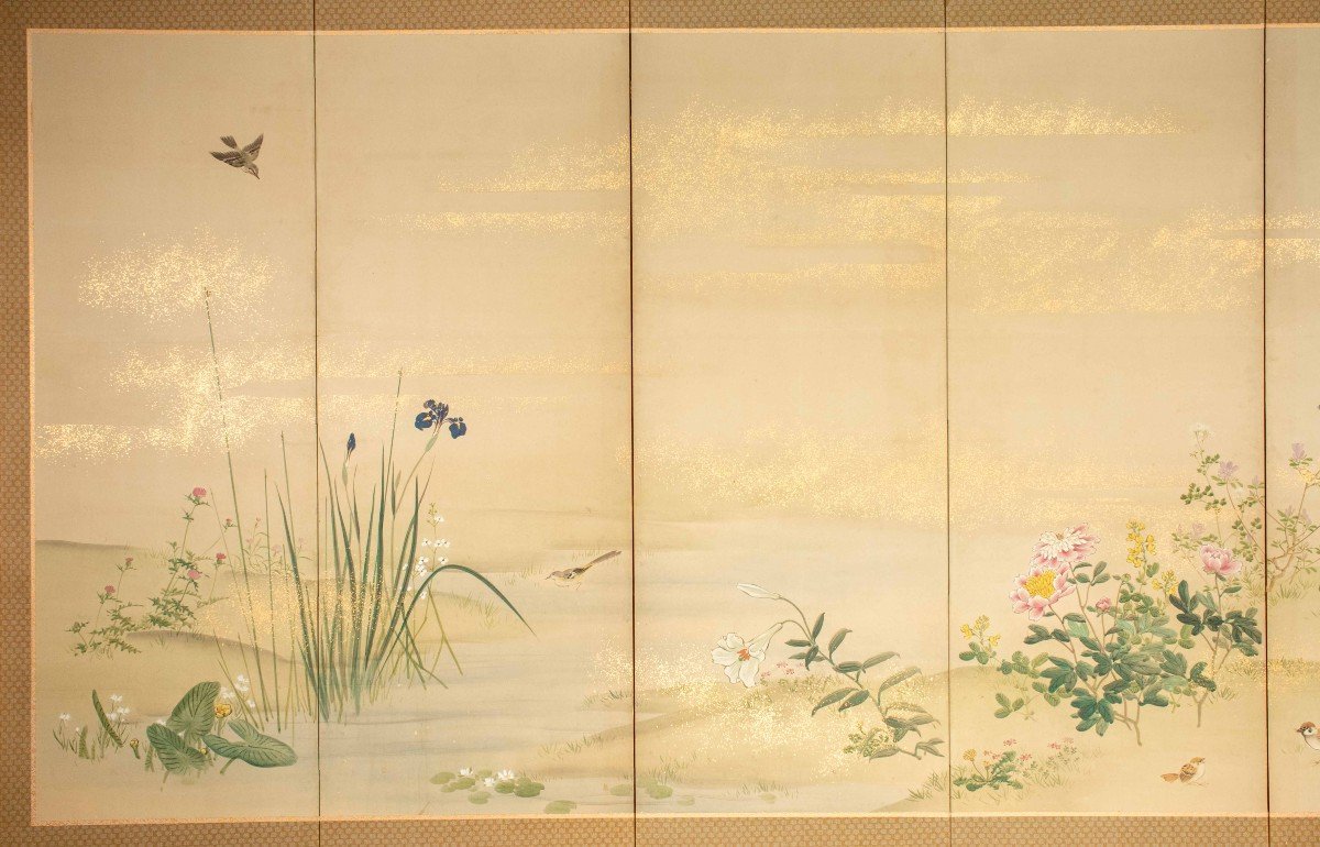 A Six-panel Folding Screen Depicting A Floral And Naturalistic Scene-photo-3