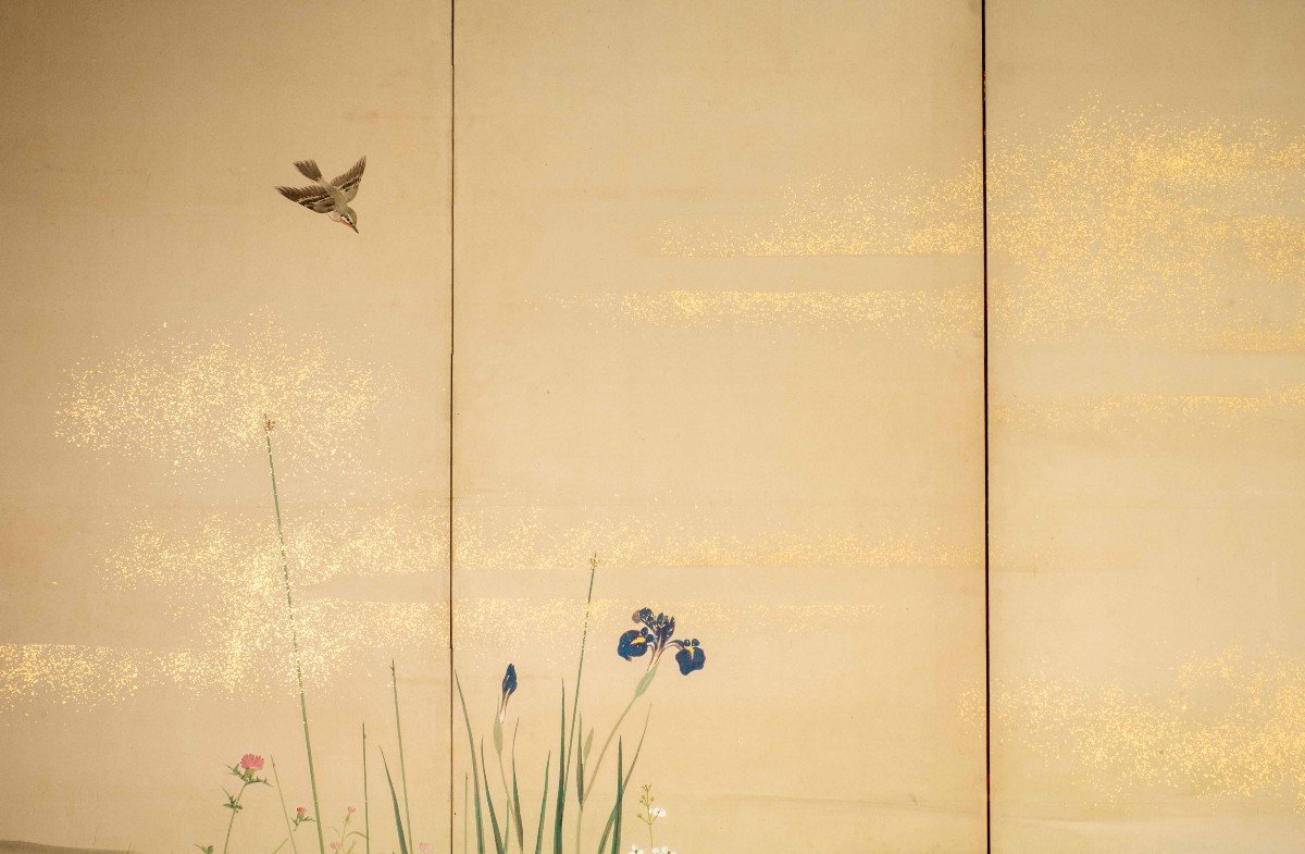 A Six-panel Folding Screen Depicting A Floral And Naturalistic Scene-photo-4