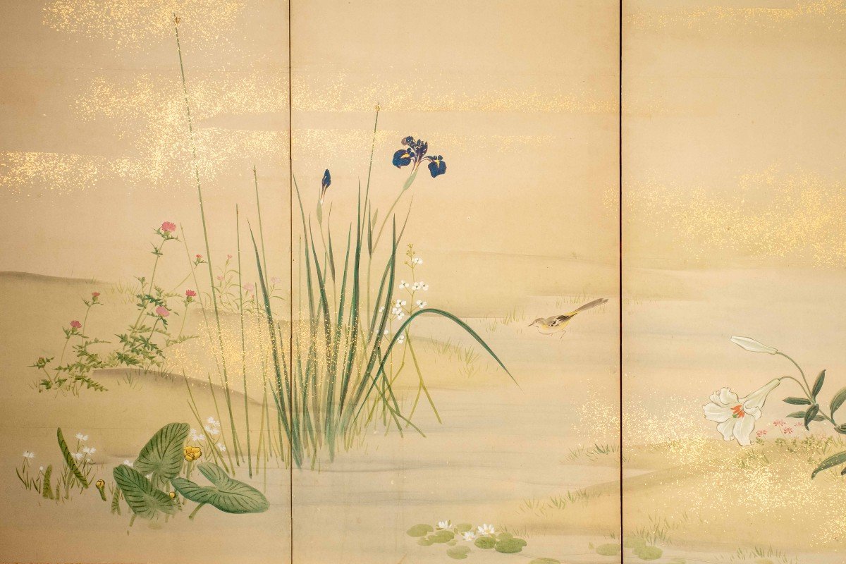 A Six-panel Folding Screen Depicting A Floral And Naturalistic Scene-photo-1