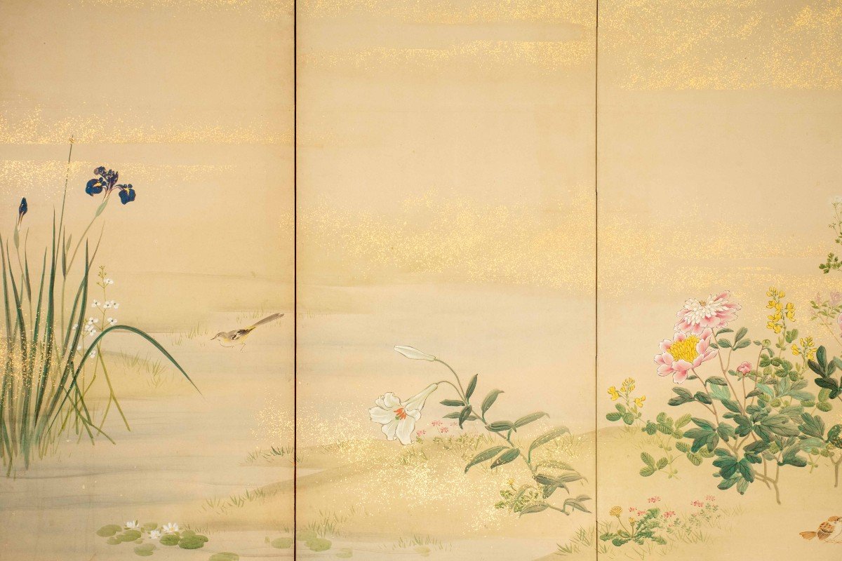 A Six-panel Folding Screen Depicting A Floral And Naturalistic Scene-photo-2