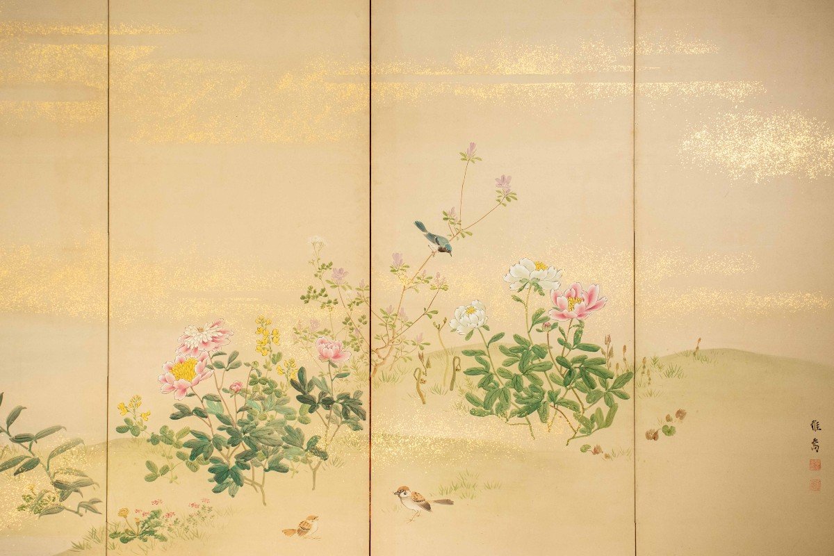 A Six-panel Folding Screen Depicting A Floral And Naturalistic Scene-photo-3