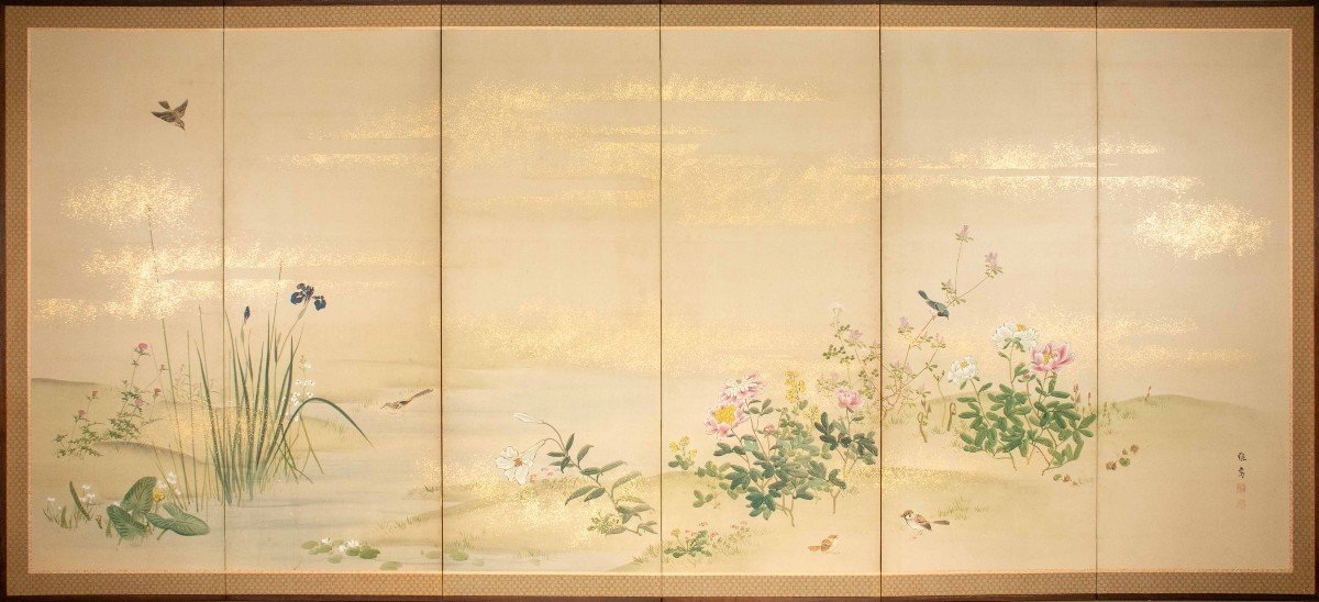 A Six-panel Folding Screen Depicting A Floral And Naturalistic Scene