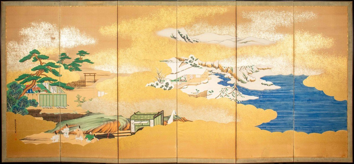 A Six-panel Folding Screen Depicting Scenes From The Tales Of Genji