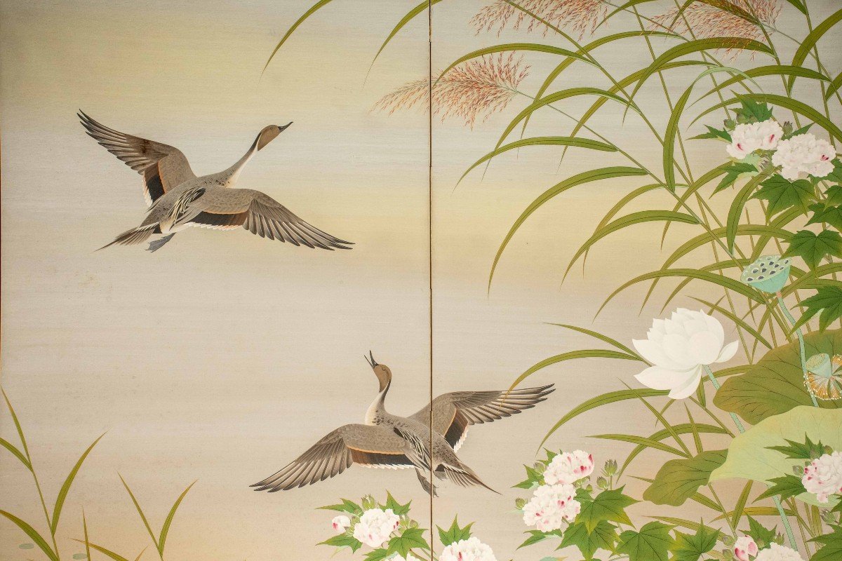 A Two-panel Screen Painted On Paper Depicting A Naturalistic Scene-photo-2