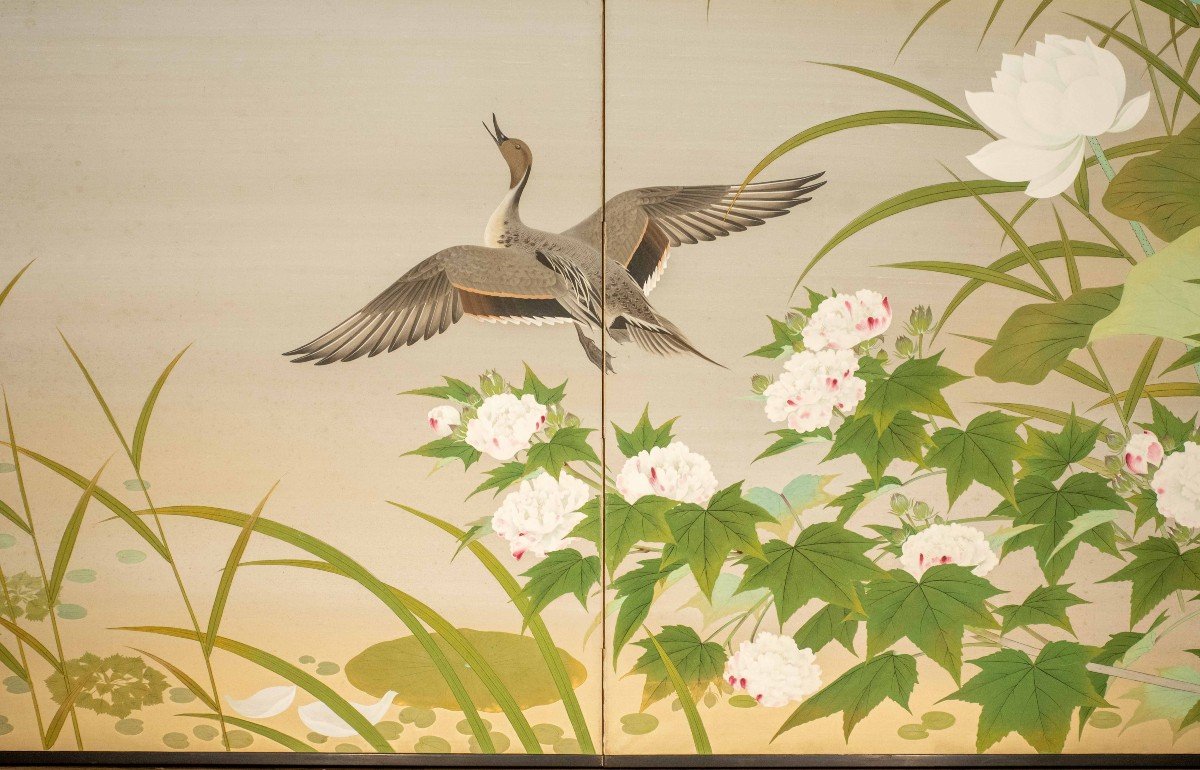 A Two-panel Screen Painted On Paper Depicting A Naturalistic Scene-photo-1