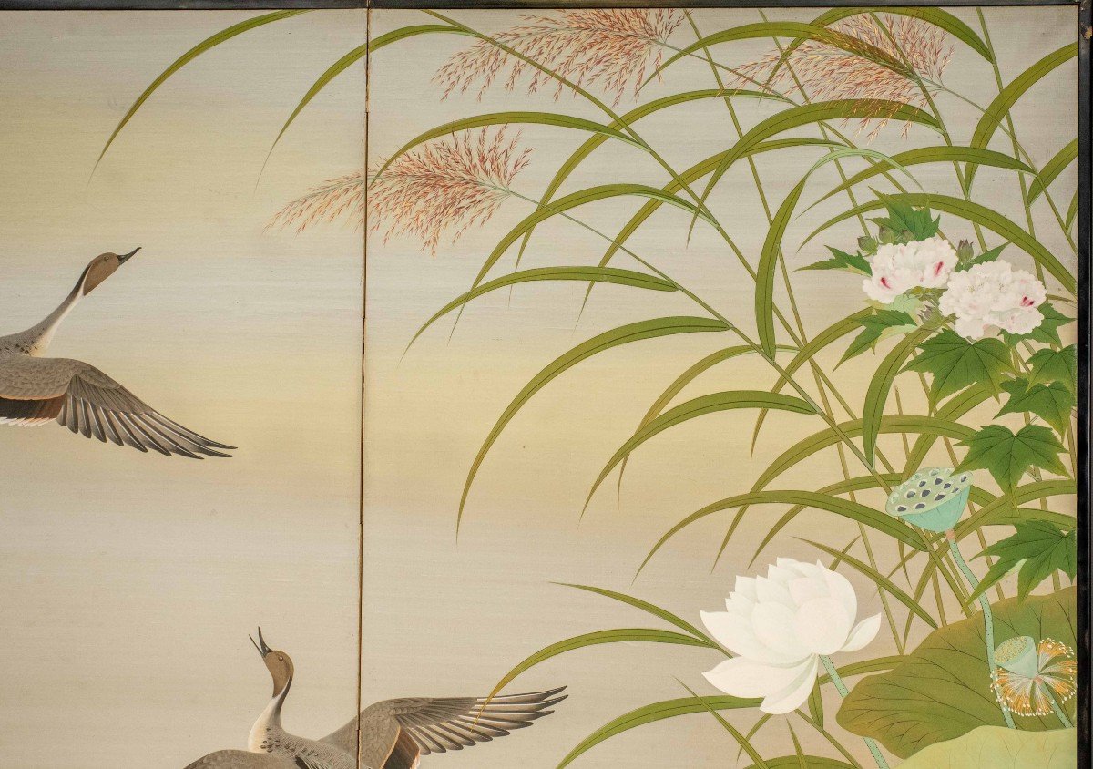 A Two-panel Screen Painted On Paper Depicting A Naturalistic Scene-photo-2