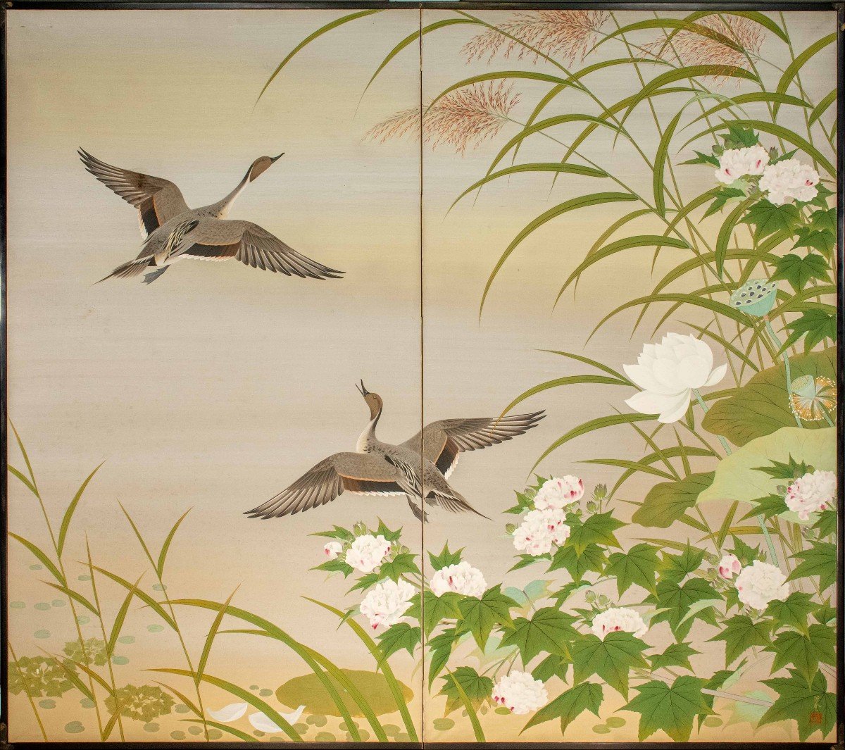 A Two-panel Screen Painted On Paper Depicting A Naturalistic Scene