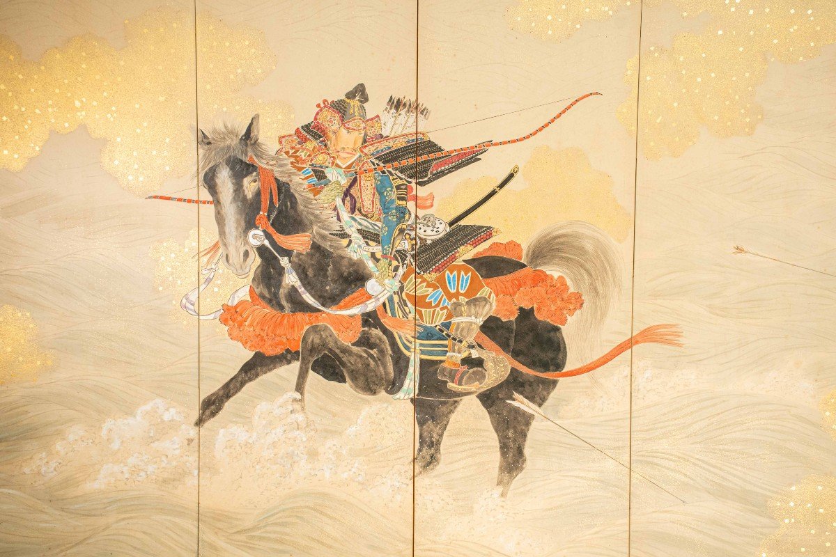 A Pair Of Six-panel Screens Depicting Two Samurai Archers On Horseback-photo-2