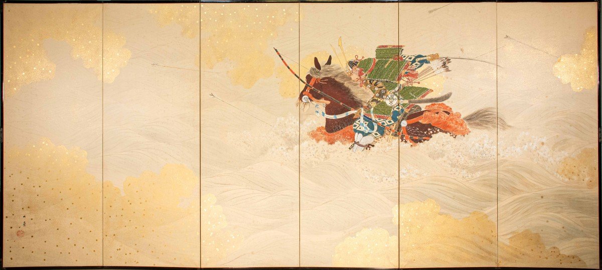 A Pair Of Six-panel Screens Depicting Two Samurai Archers On Horseback-photo-3