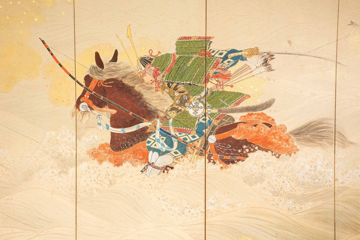 A Pair Of Six-panel Screens Depicting Two Samurai Archers On Horseback-photo-4