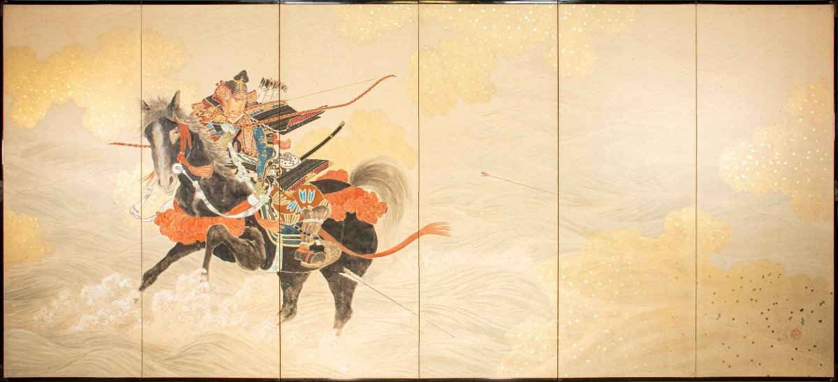 A Pair Of Six-panel Screens Depicting Two Samurai Archers On Horseback