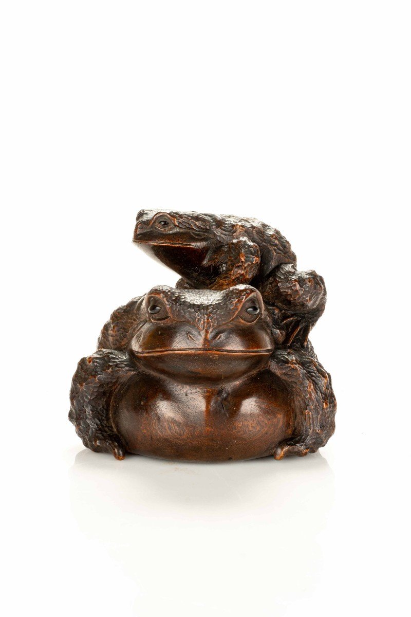 A Wooden Okimono Depicting Two Toads, Signed Harumitsu