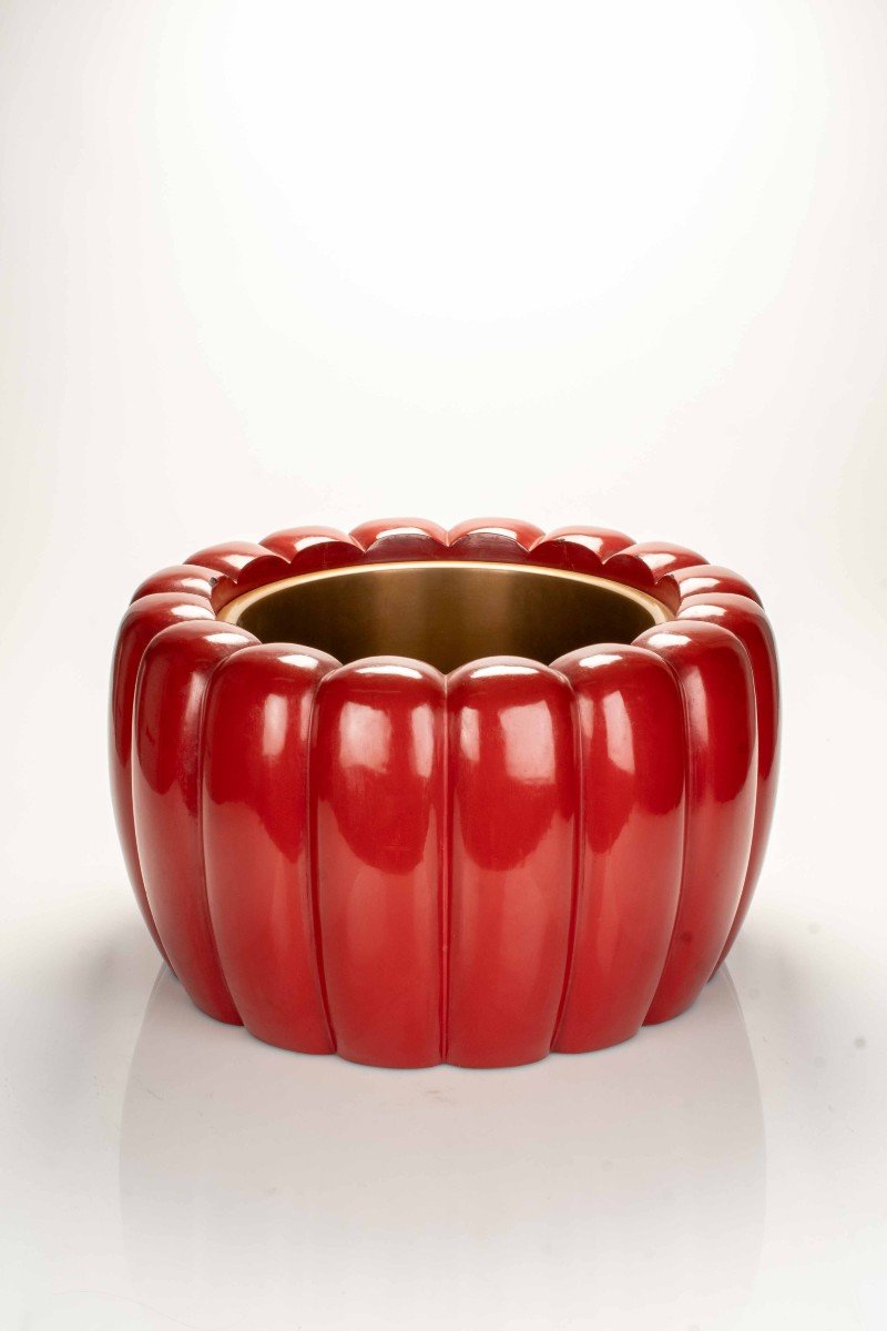 A Red Lacquer Japanese Hibachi In The Shape Of A Chrysanthemum